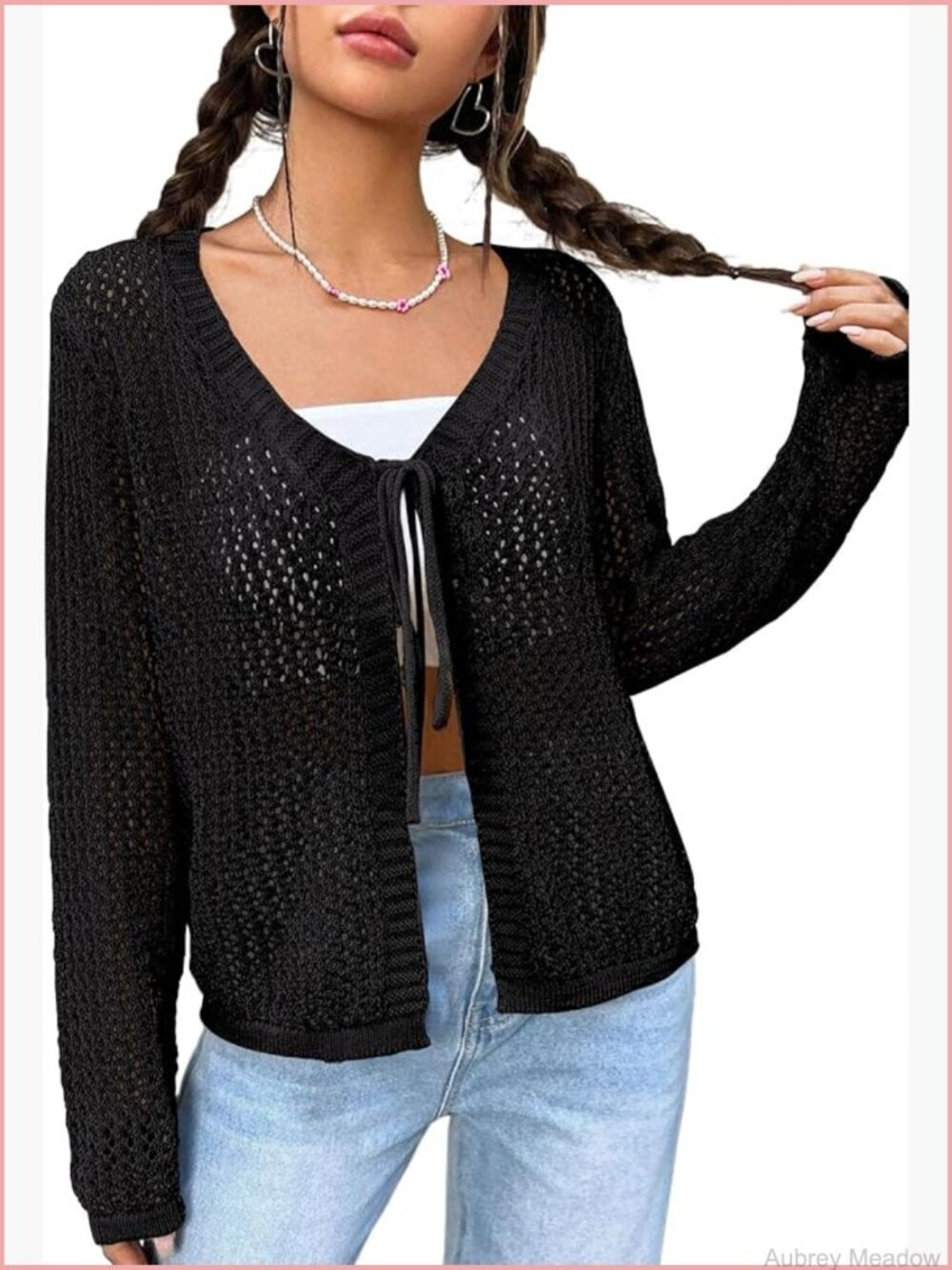 Lightweight Crochet Tie Front Shrug Knit Crop Cardigan